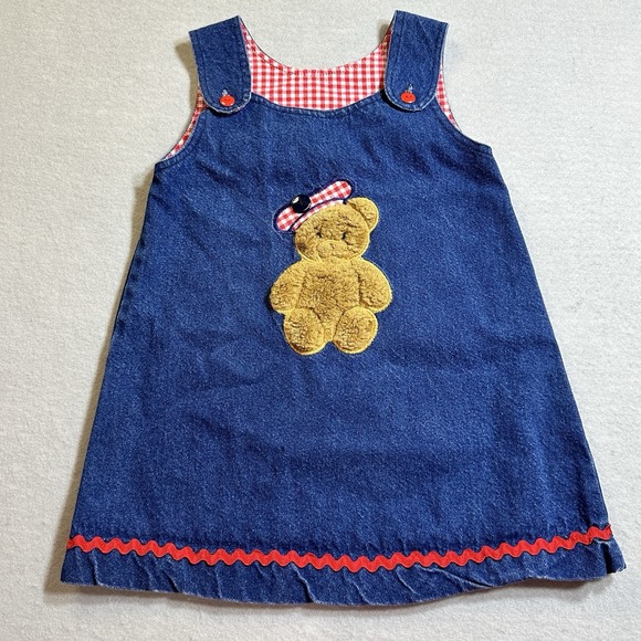 Hearts and Flowers Other - Hearts & Flowers Girls Size 4 Denim Jumper Dress Teddy Bear Gingham Vintage
